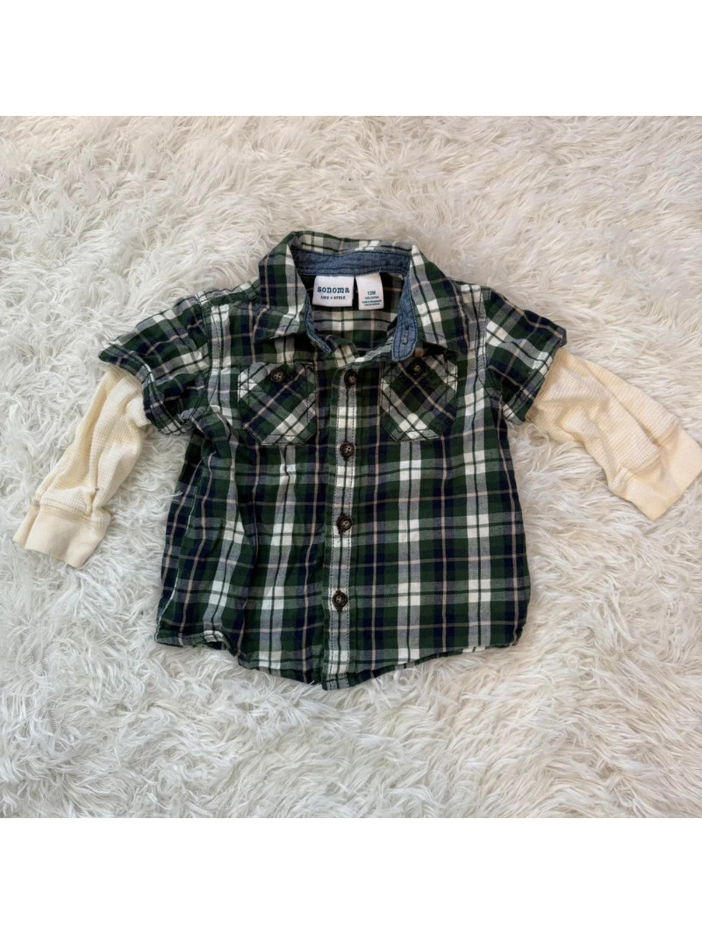 Sonoma Baby Boys Plaid Short/long Sleeve Button Up Shirt 12 Months Green